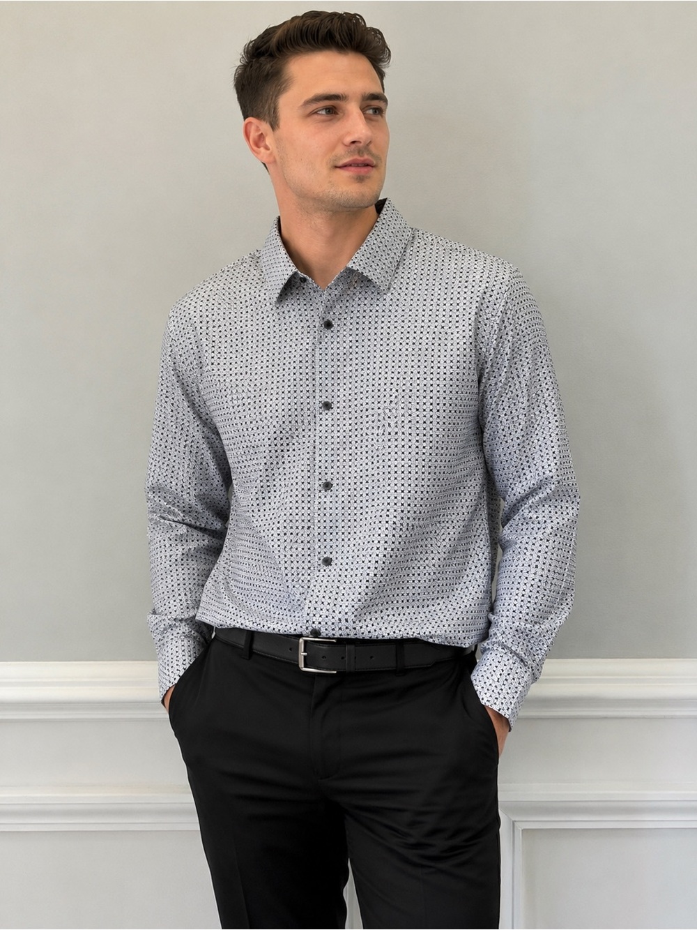 Men's Slim Fit White Geo-Print Dress Shirt